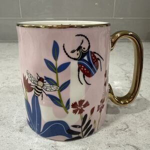 Bella Letter "J" Mug Personalized Gold Handle Bee & Ladybug Floral Initial Pink